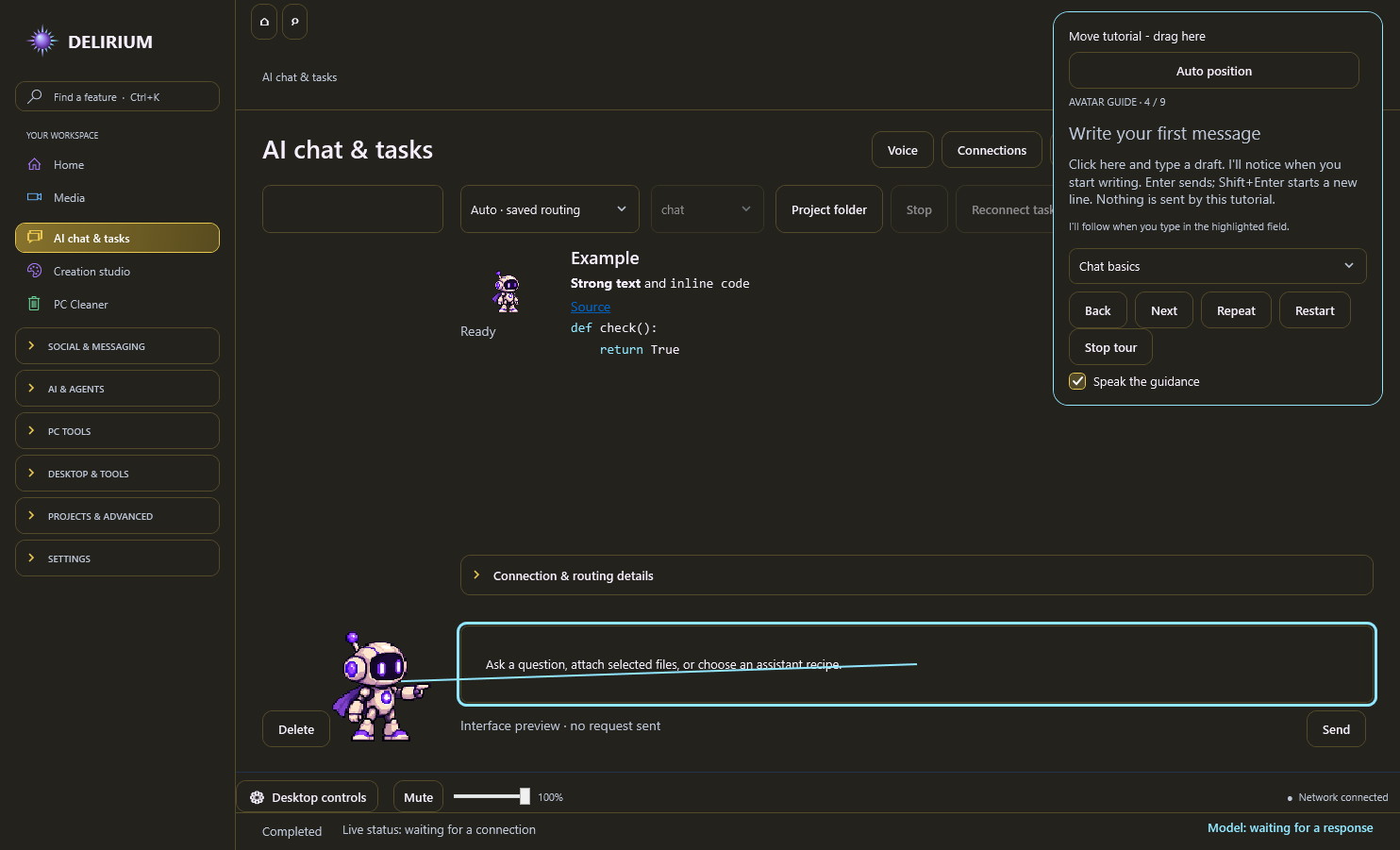 Delirium 1.3.1 draggable tutorial beside a highlighted chat composer; no AI request was sent