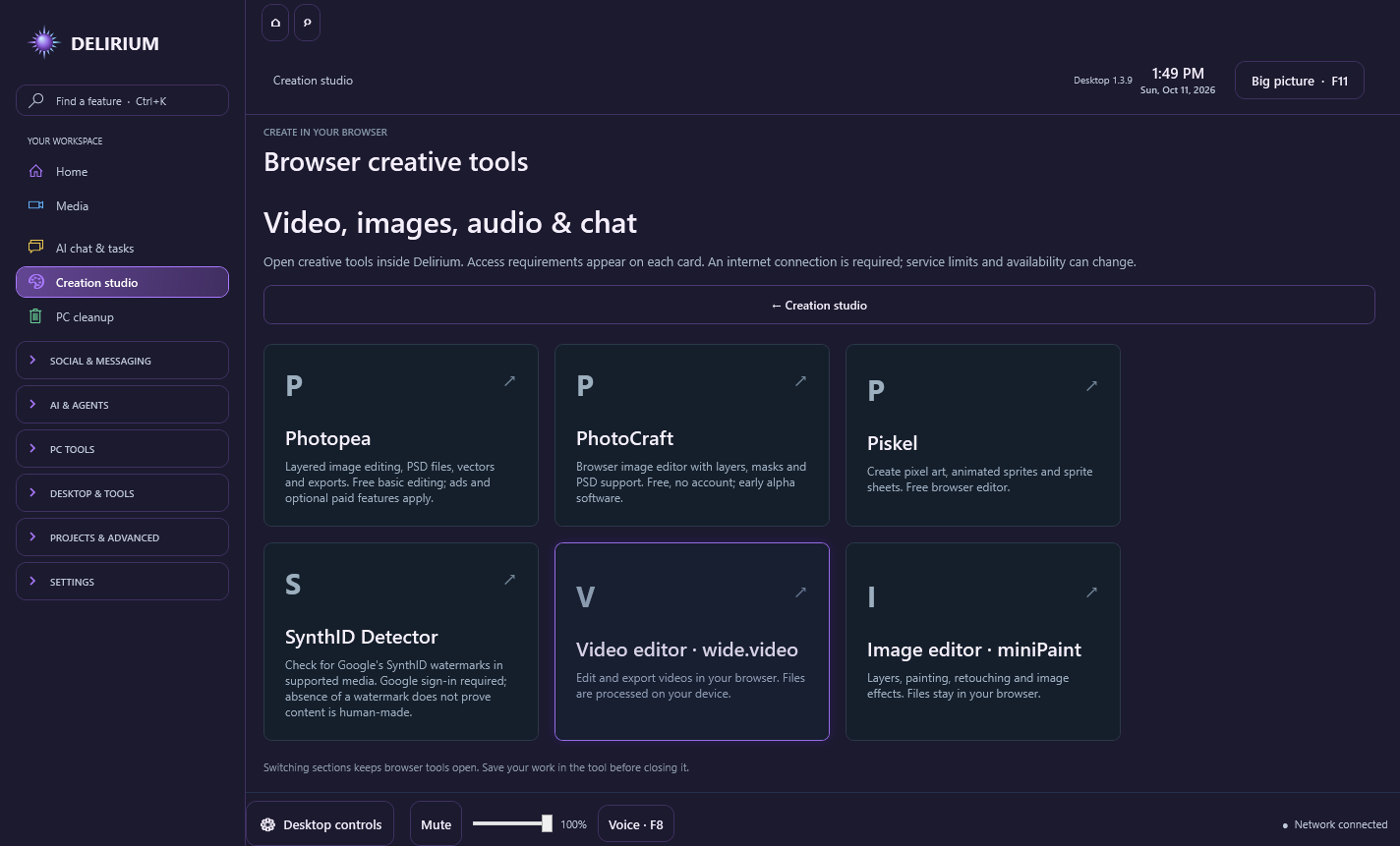 Delirium Desktop 1.3.9 Creation Studio with Photopea, PhotoCraft, Piskel and SynthID tool cards