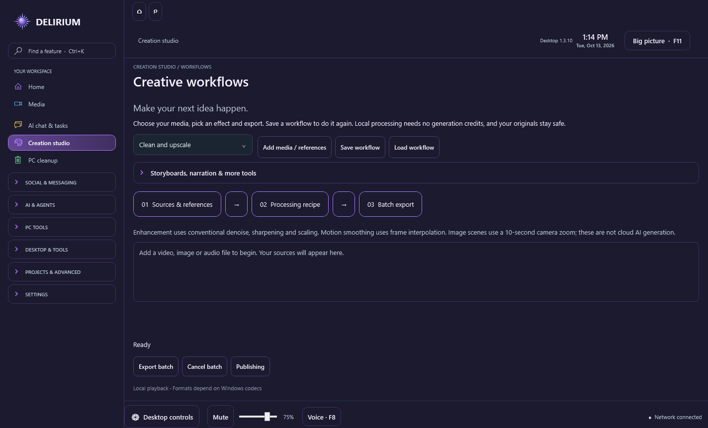 Delirium Desktop 1.3.10 creative workflow workspace with processing recipes, storyboard, narration, captions and batch export controls