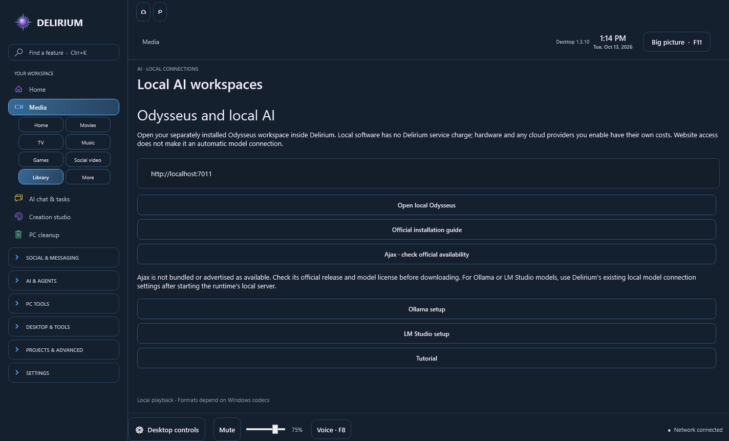 Delirium local AI setup with an Odysseus loopback address and official model availability links