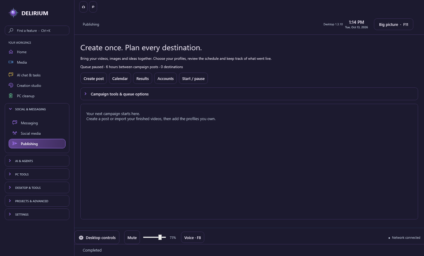Delirium Desktop 1.3.10 Publishing workspace with campaign import, calendar, results and account controls